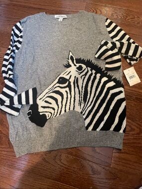 Autumn Cashmere Gray Sweater with Black and White Zebra Motif